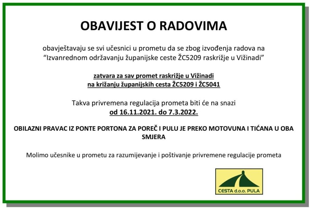 vižinada obavijest o zatvaranju prometa